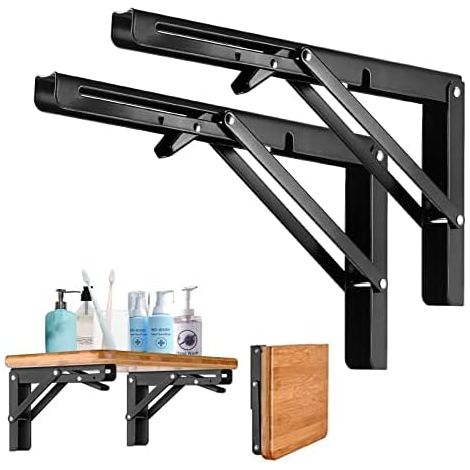 Folding Shelf Bracket 200MM, 2Pcs Cold Rolled Steel Folding Console Bracket, Folding Wall Shelf Bracket with Fixing Screws for Garage, Kitchen, Garden, Black (1/5)