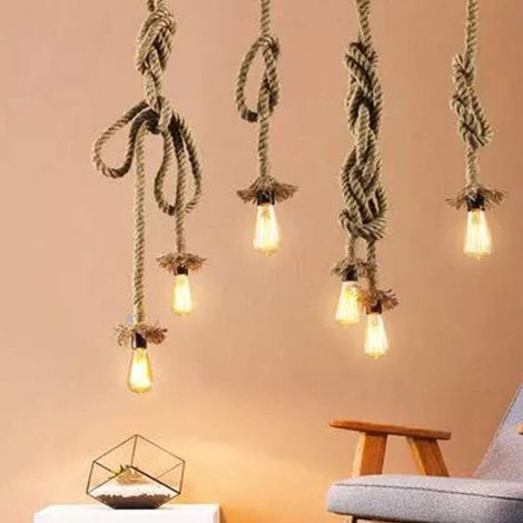 Lustre suspension corde de chanvre E27 – Douilles style industriel rétro – 3 mètres – Pour salon, salle à manger ou bar – Usage intérieur uniquement