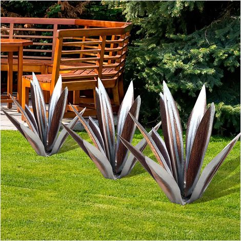 Sculpture Rustique de Tequila - Art décoration Statue Déco à la Maison, Figurines de Jardin, 9 feuilles, Plantes d'agave en Métal pour Cour Extérieure - 55cm argent (1/5)