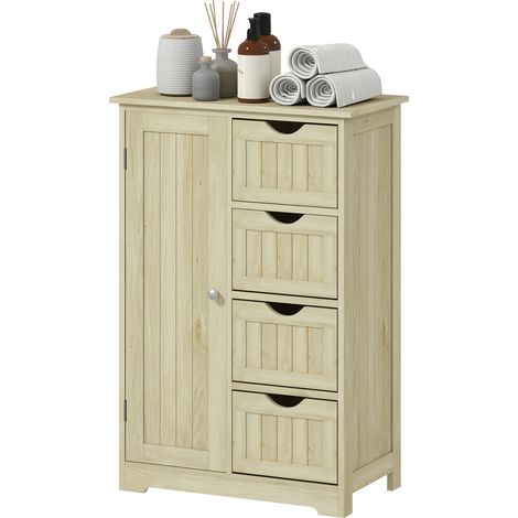Meuble de salle de bain colonne étroite avec 4 tiroirs et étagère réglable, style moderne, 56 x 30 x 83 cm, bois naturel (1/5)