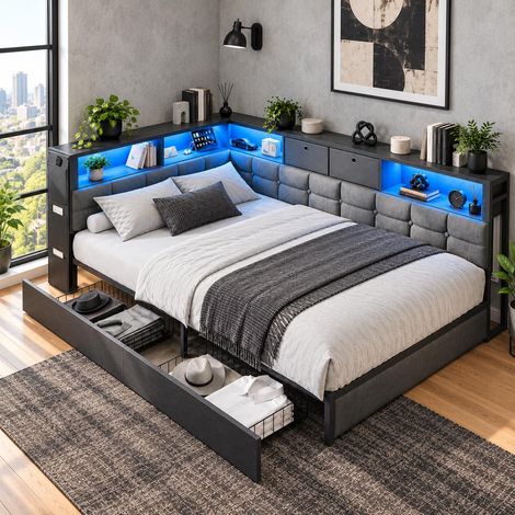 Lit banquette d'angle 140x200 cm, lit simple avec 2 tiroirs, étagères, LED, USB prises, tissu lin, style contemporain pour chambre ou studio, gris (1/5)