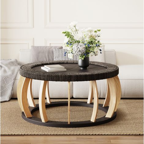 Tavolino da caffè rotondo in legno massello e MDF nero marrone, 90 cm (1/5)