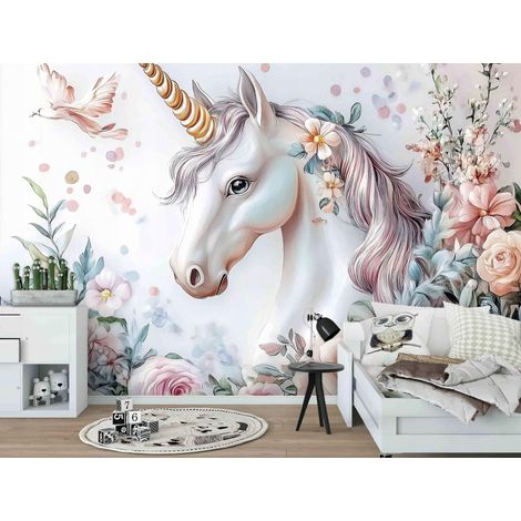 Fototapete Einhorn Blumen, für Kinderzimmer, 150 x 105 cm – Komplettset inkl. Kleister & Anleitung (1/5)