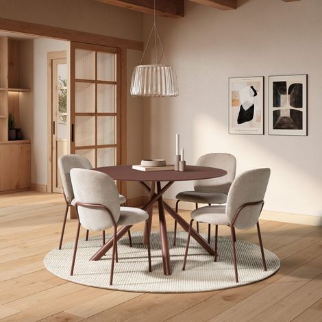 Table ronde + 4 chaises tissu beige pieds métal terracotta - AXELLE (1/5)