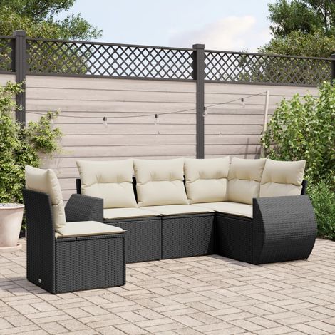 Ensemble Salon Jardin 5 Places Résine Tressée Noir avec Coussins Crème - Canapé d'Angle + 2 Sièges Centraux + 2 Canapés Accoudoirs (1/4)