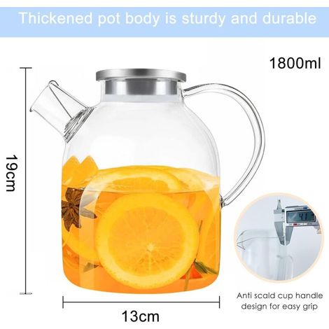 Jarra de vidrio de borosilicato de 1,8 litros con tapa y asa de acero inoxidable, jarra de vidrio, jarra de agua, transparente y duradera, para té helado, agua caliente, jugo, vino, leche, café. (1/3)