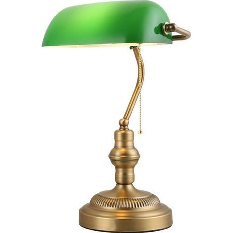 Lampe de Table et de Bureau Style Banquier Vintage Rétro avec Abat-jour Verre Vert et Laiton pour Ampoule E27 LED Salon Tête de lit Banquier Américain [Classe énergétique A] (1/5)