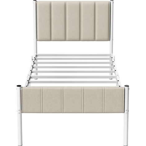 Vasagle – Lit simple en acier 90 x 190 cm – Tête de lit capitonnée – Montage rapide – Beige – Structure robuste pour nuits paisibles (1/5)