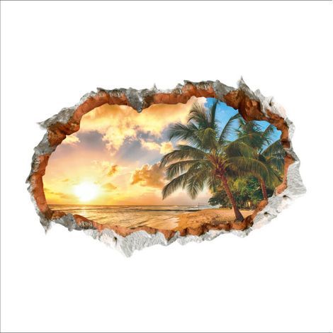 3D Stickers muraux ÎLE DE VACANCES (60x90 cm) I autocollant sticker mural paysage plage mer océan palmier I Déco pour salon chambre cuisine couloir porte entrée adulte (1/5)