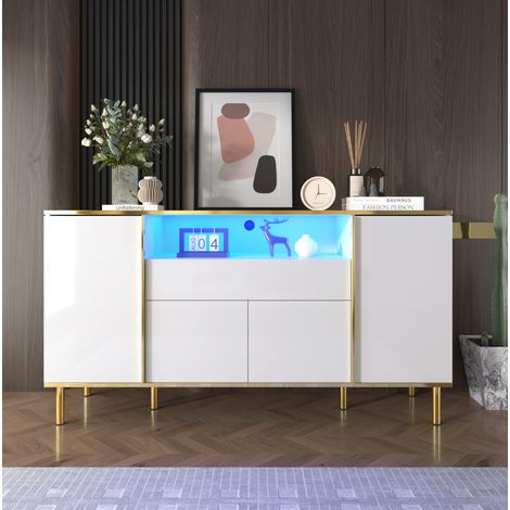 Aparador de MDF y tablero de partículas blanco brillo con LED, 4 puertas y 1 cajón, 150x40x80 cm (1/5)