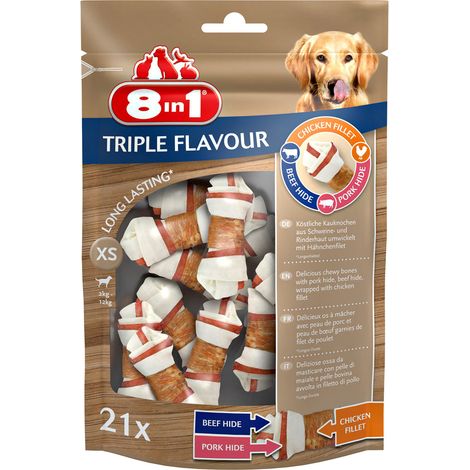 Triple Flavour Bones Größe XS mit Triple Flavour Huhn, Rind und Schwein - SAVINGS OFFER 4 Packungen mit je 21 Knochen
