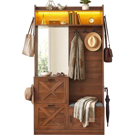 Meuble d'entrée compact : penderie, 2 casiers chaussures rabattables, miroir, LED appli, poignées métal, panneaux MDF 100×25×180 cm (1/5)