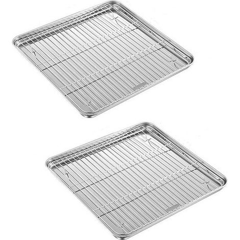 Set di 2 teglie da forno in acciaio inox, teglia quadrata in acciaio inox, teglia per biscotti con griglia, 25 x 25 x 2,5 cm, per cuocere biscotti e girelle alla cannella. (1/5)