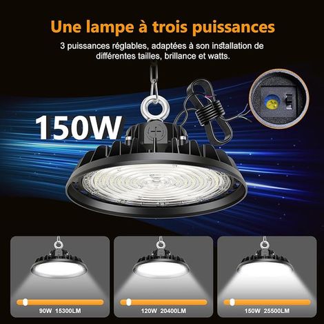 Projecteur LED High Bay UFO 150W, Lampe de garage 22500LM, Éclairage pour atelier 6000K 120°, IP65, Lampe industrielle dimmable 90 W/120 W/150 W, pour usines, bâtiments, entrepôts, garages, stades (1/3)