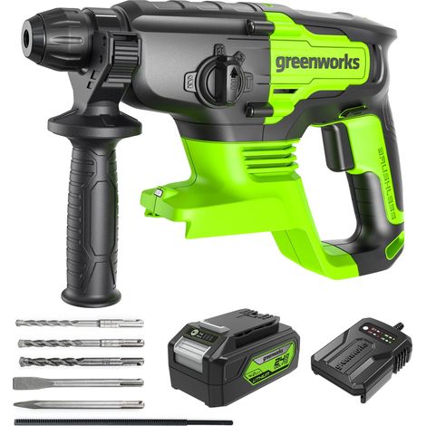 Trapano a percussione rotativo brushless GREENWORKS 24V SDS - 2 joule - Batteria da 4,0 Ah e caricabatterie - GD24SDS2K4 (1/4)