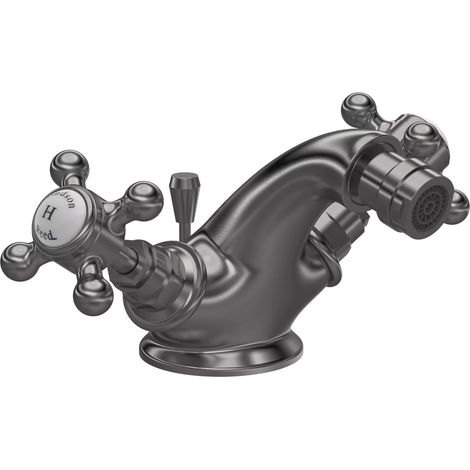 Hudson Reed Topaz Hexagonal Collar Bidet Mixer Tap with Waste Crosshead Handle - White/Brushed Pewter (1/2)