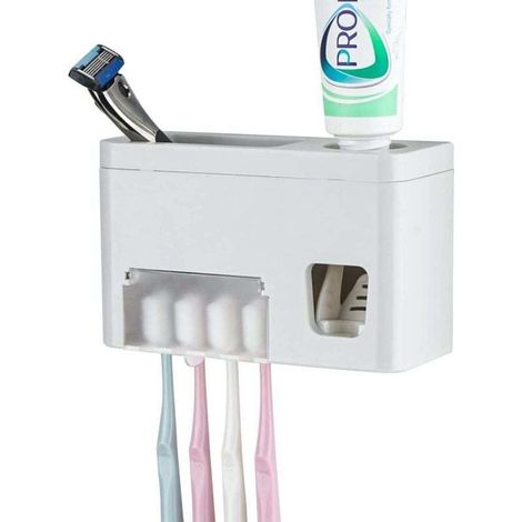 Porta spazzolino da parete autoadesivo, porta dentifricio multifunzionale con coperchio, dispenser automatico di dentifricio per il bagno, porta spazzolino per camere studentesche, a-Crezuo