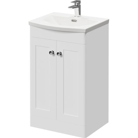Wholesale Domestic Danbury Satin White 500mm Floor Standing Vanity Unit with 1 Tap Hole Curved Basin and 2 Doors with Polished Chrome Handles (1/5)