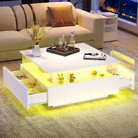 Table basse carrée LED - 70x70x41cm - Design laqué blanc brillant avec 2 tiroirs et vitrine acrylique - Blanc (1/5)