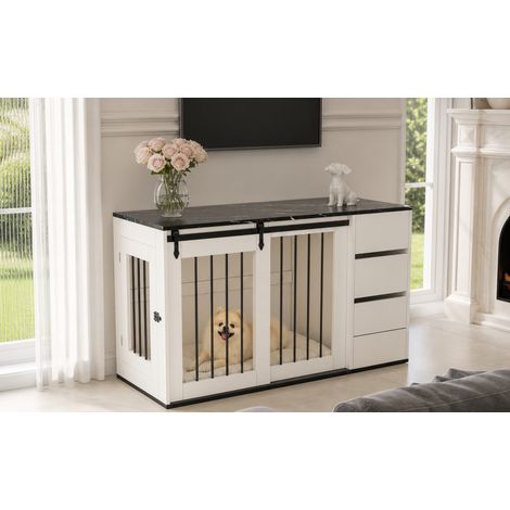 Gabbia per cani mobile 140x60x87 cm in MDF e metallo bianco con vano contenitore - MEUBLIV (1/5)