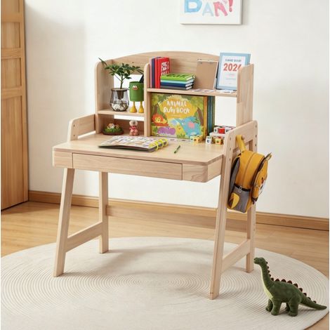REDOM - Escritorio infantil - 60x88.2x118 cm - altura regulable - con cajón - espacio de almacenaje y gancho - madera natural