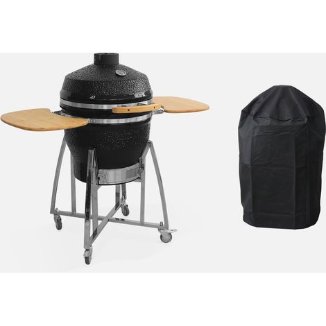 Barbacoa de carbón, parrilla y ahumador, cerámica Ø54,5cm con ruedas, estantes y funda (1/5)