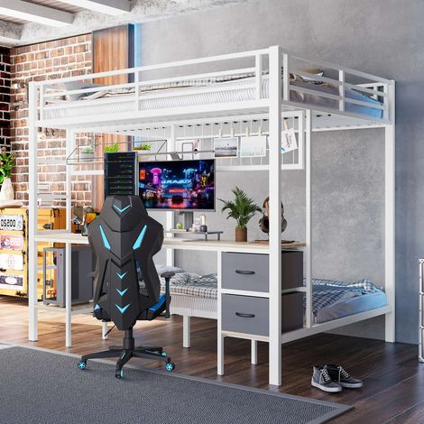 Lit mezzanine 140x200 cm avec bureau, rangements, LED 7 couleurs et USB, structure métal blanc avec étagères et tiroirs, sans matelas (1/5)