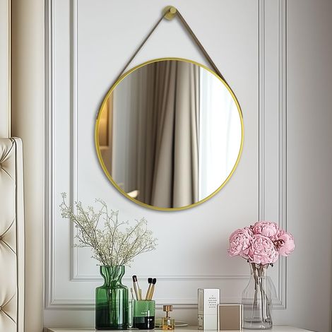 Specchio ingresso Rotondo 60 cm Specchio Bagno con Cornice Dorato Lega di Alluminio da parete Decorativo con Cinghia per camera da letto (1/5)