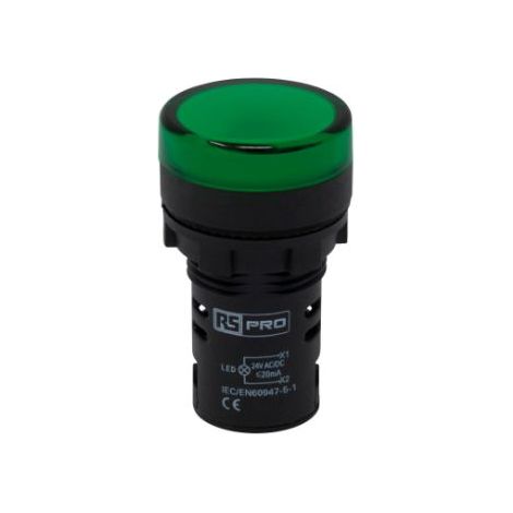 Voyant lumineux LED RS PRO Vert 24V c.a. / V c.c., Ø découpe 22mm, Montage panneau, IP65 ( Prix pour Paquet de 5 )