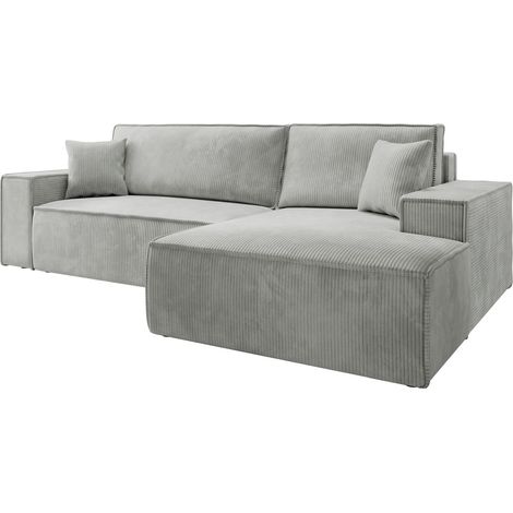 Selsey FARESE NEW – Canapé d’angle convertible avec coffre, velours côtelé, gris clair, droit (1/5)