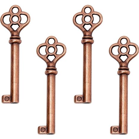 Lot de 4 clés squelette vintage cylindriques creuses en alliage de cuivre rouge - Clé de rechange universelle pour portes d'armoire, tiroirs de commode, horloges de sol (1/5)