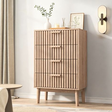 Comò Scandinavo, 4 cassetti, Piedi in legno, Mobile da camera, colore legno naturale, 60 x 34 x 91 cm