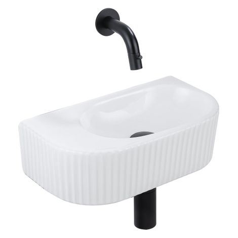 QeramiQ Fuente Ensemble de Lavabo - 40x21.5x12cm - strié - demi-rond - céramique - ensemble de robinet noir mat - bouchon de vidange - siphon abaissé