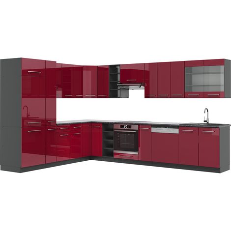 Cuisine en angle Fame-Line, Rouge bordeaux Haute brillance/Anthracite, 347 x 257 cm, PT Anthracite, Vicco