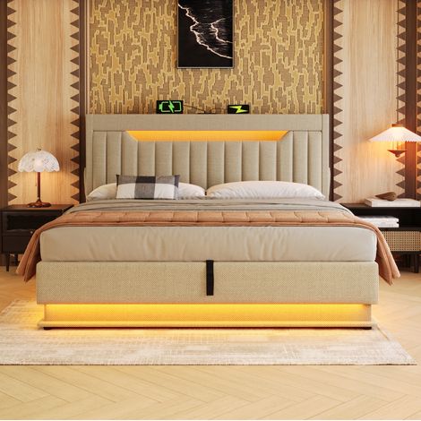 Bett mit Stauraum Leinen Beige 180x200 cm, mit LED-Beleuchtung, USB- und Type-C-Anschlüssen (1/5)