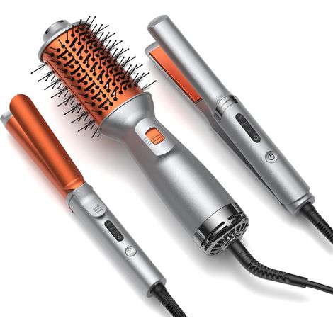 Kit Coiffure 3 en 1, Brosse Soufflante et Lisseur, Orange  3 appareils indepedants, brosse soufflante fer a boucler 25mm mini lisseur, 100-240v voyage, orange argentee (1/5)