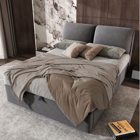 Lit coffre 140x190 sommier hydraulique avec 3 tiroirs, tête de lit réglable, velours gris HAVRYA (1/5)
