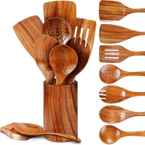 Set di pentole e padelle in legno da 9 pezzi con rivestimento antiaderente, completo di supporto, per una cucina sana: wok, spatola e spiedino in legno. (1/5)