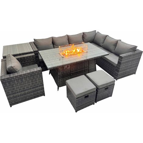 Fimous Garden Rattan Furniture Set 9 Seater Outdoor Corner Sofa Chair Gas Firepit Dining Table Set with 2 Small Stools Side Table Dark Grey (1/5)