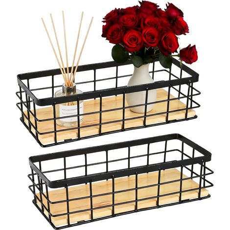 Set di 2 cestini in metallo nero con fondo in legno, adatti come cestini portaoggetti e cestini da parete versatili soluzioni per riporre oggetti in cucina, bagno, soggiorno e ufficio. (1/5)