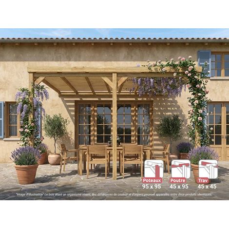 Pergola adossée en bois Montpellier 500 x 400 cm + 3 supports surélevés - Maderland (1/3)