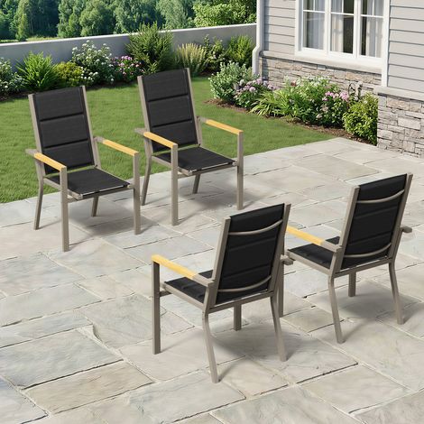 lot de 4 Chaise de Jardin Empilable, Fauteuil en Aluminium avec Accoudoirs Imitation Bois, Tissu Textilène et éponge à Séchage Rapide, Dossier Surélevé, Respirante et Confortable, Marron (1/5)