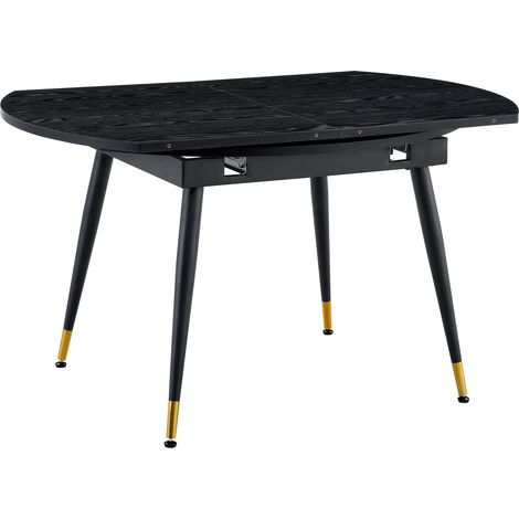 Table à manger extensible moderne, de ronde à ovale, plateau MDF noir/noyer avec accents dorés, pieds en métal stables, gain de place pour cuisine et salle à manger (1/5)