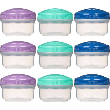 Sistema Mini Bites TO GO barattoli per snack 130 ml Contenitori per snack impilabili con coperchio Privi di BPA Coperchi verdi, rosa e blu 9 pezzi