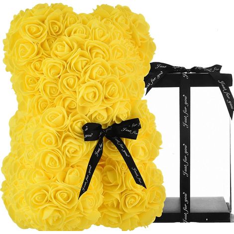 TrAdE Shop Traesio - Orsacchiotto Orsetto Orso Di Rose Con Fiori Artificiali Da 25cm San Valentino - Giallo