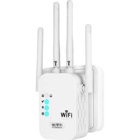 Répéteur WiFi, Amplificateur WiFi 1200 Mbps, 5GHz/2.4GHz Puissant Répéteur WiFi 4 Antennes, Port Ethernet Gigabit, WiFi Extender Booster Compatible avec Toutes Les Box Internet, Augmente la Couverture (1/4)