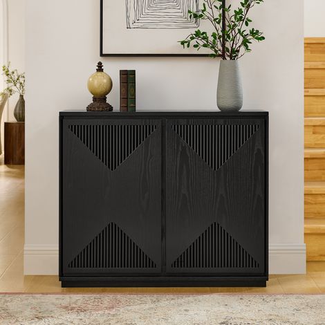 Buffet moderne en V style mid-century avec rangement pratique, meuble étroit pour salon, entrée, cuisine ou coin café noir. (1/5)