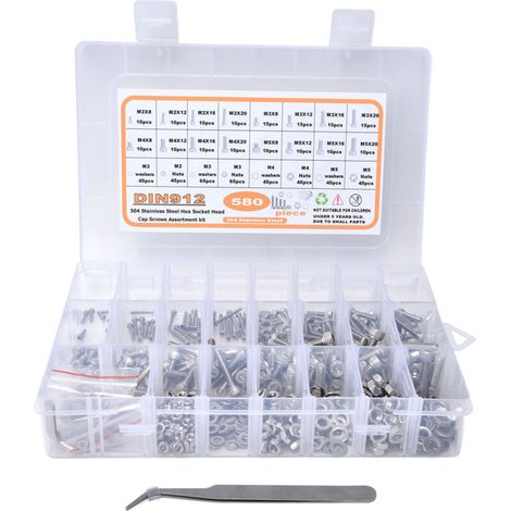 Kit di 580 viti e dadi con rondelle, testa cilindrica in acciaio inox 304, innesto esagonale per uso domestico (1/5)