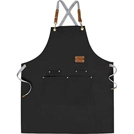 Double Belted Canvas Chef Apron Cross Back Apron Adjustable Straps and Big Pockets - Black