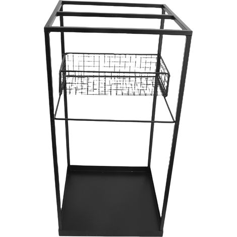 Porte-parapluies d'entrée avec panier en filet et plateau inférieur, structure de rangement géométrique en métal noir pour la maison et le bureau (1/5)